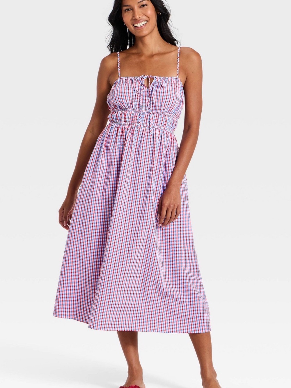 Universal Thread Red White & Blue Gingham Smocked Midi Dress - Picture 3 of 11